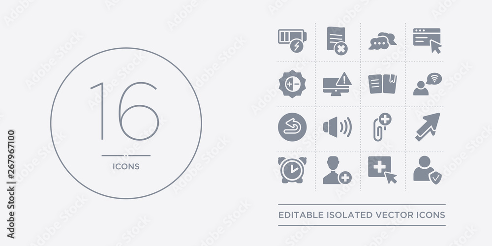 16 vector icons set such as account, add, add user, alarm clock, arrow contains attachment, audio, back, wifi. account, add, user from webnavigation outline icons 16 vector icons set such as account, add, add user, alarm clock, arrow contains attachment, audio, back, wifi. account, add, user from webnavigation outline icons