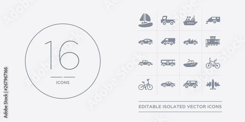 16 vector icons set such as aeroplane, airport shuttle, automobile, bicycle, bike contains boat, bus, cab, caboose. aeroplane, airport shuttle, automobile from transportation outline icons