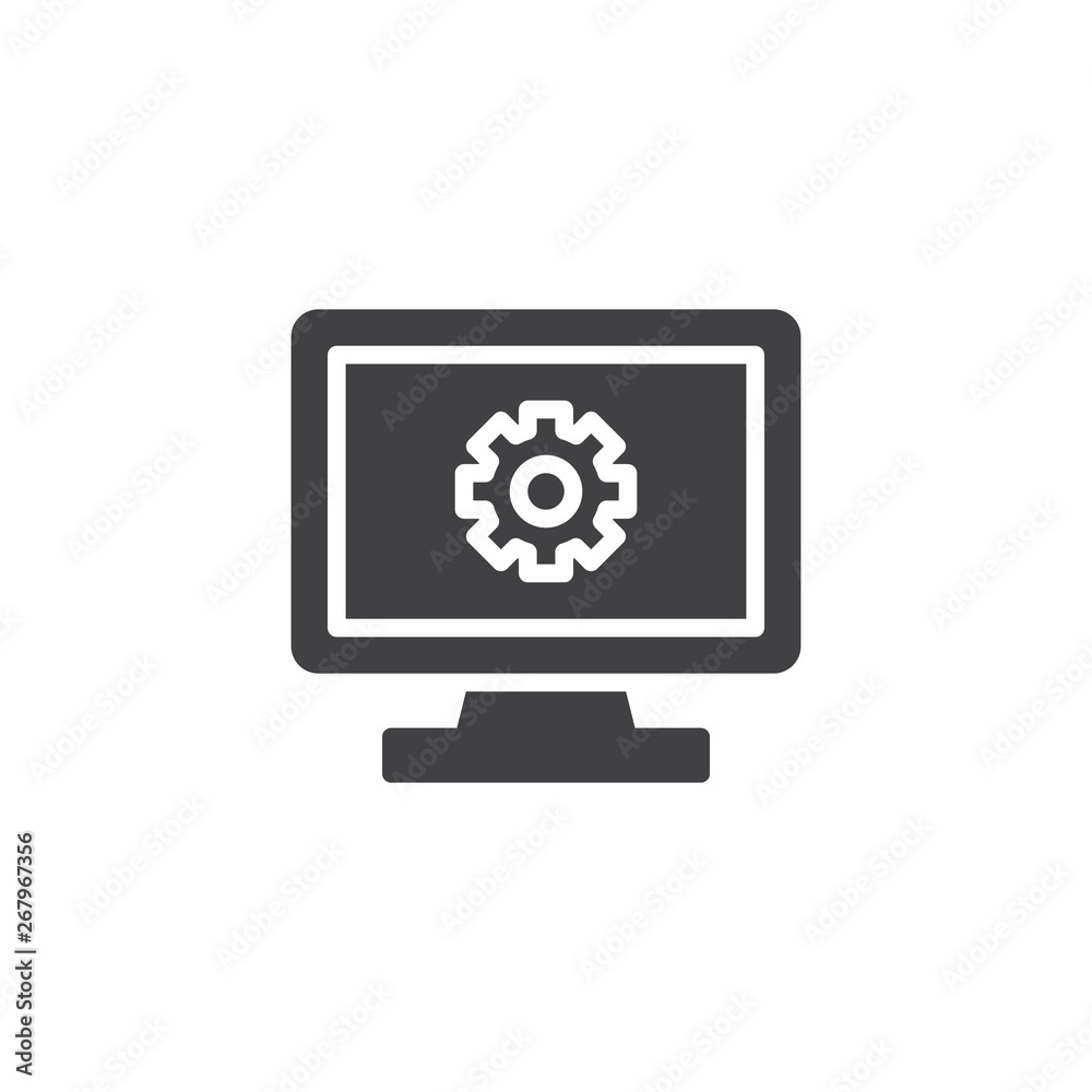 Computer setup vector icon. Software development filled flat sign for mobile concept and web design. Monitor with gear glyph icon. Symbol, logo illustration. Pixel perfect vector graphics Computer setup vector icon. Software development filled flat sign for mobile concept and web design. Monitor with gear glyph icon. Symbol, logo illustration. Pixel perfect vector graphics