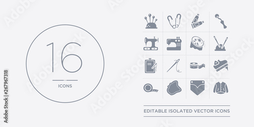 16 vector icons set such as jacket, jeans pocket, leather, measurement, measuring contains measuring tape, needle, needlepoint, needles. jacket, jeans pocket, leather from sew outline icons