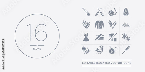 16 vector icons set such as awl, ball of wool, bobbin, bobbin, button contains buttonhole, chalk, clothes, clothes hanger. awl, ball of wool, bobbin from sew outline icons