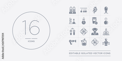 16 vector icons set such as robot, atom, beaker, blaster, chemical contains einstein, electron, experiment, gravity. robot, atom, beaker from science outline icons