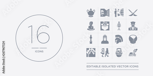 16 vector icons set such as poetry, porcelain, portrait, quill, relics contains roman or greek helmet, sarcophagus, sculpture, security guard. poetry, porcelain, portrait from museum outline icons