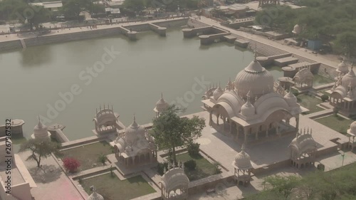 Ancient India temples Kusum Sarovar, Manasi Ganga, U.P., 4k aerial ungraded/flat photo