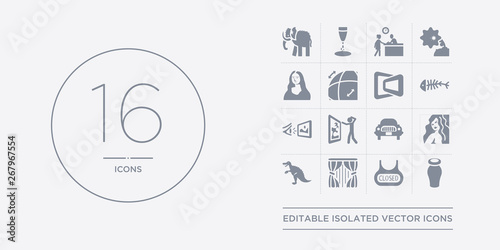 16 vector icons set such as ceramic, closed, curtain, dinosaur, el greco contains excursion, exhibit, exhibition, fishbone. ceramic, closed, curtain from museum outline icons