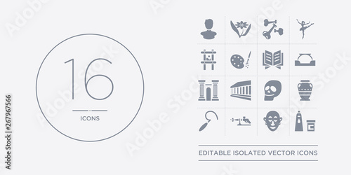 16 vector icons set such as acrylic, african mask, airbrush, ancient, ancient jar contains anthropology, antic architecture, antique column, arc. acrylic, african mask, airbrush from museum outline