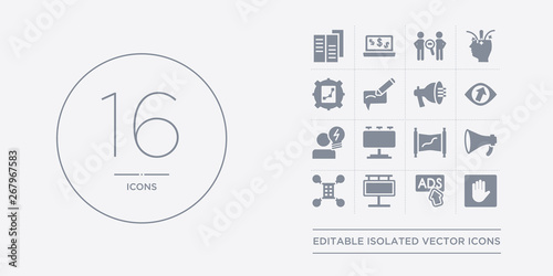 16 vector icons set such as ad blocker, ads, advertisement, affiliate, announcer contains banner, billboard, brainstorming, business eye. ad blocker, ads, advertisement from marketing outline icons