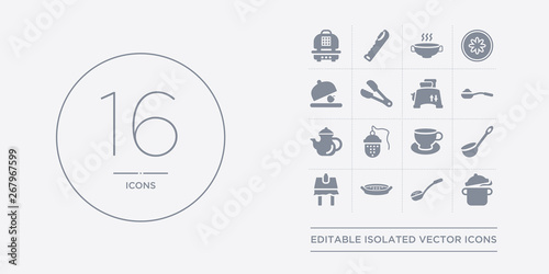 16 vector icons set such as stew pot, strainer, sugar sifter, tablecloth, tablespoon contains tea cup, tea infuser, teapot, teaspoon. stew pot, strainer, sugar sifter from kitchen outline icons