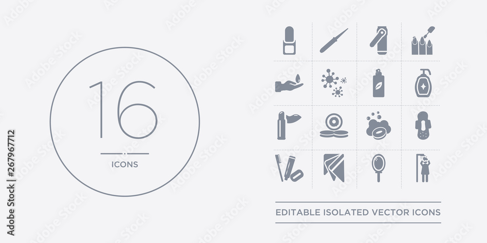16 vector icons set such as hair washing, hand mirror, handkerchief, hygiene kit, hygienic pad contains lather, lens, lip balm, liquid soap. hair washing, hand mirror, handkerchief from hygiene 16 vector icons set such as hair washing, hand mirror, handkerchief, hygiene kit, hygienic pad contains lather, lens, lip balm, liquid soap. hair washing, hand mirror, handkerchief from hygiene