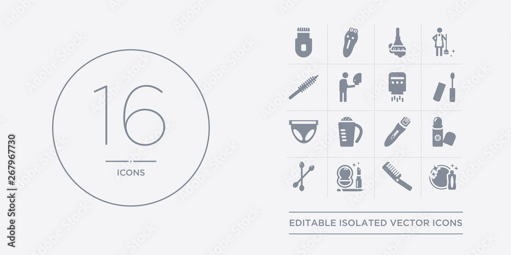 16 vector icons set such as clean dishes, comb, cosmetics, cotton swab, deodorant contains depilator, detergent dose, diaper, dolled up. clean dishes, comb, cosmetics from hygiene outline icons 16 vector icons set such as clean dishes, comb, cosmetics, cotton swab, deodorant contains depilator, detergent dose, diaper, dolled up. clean dishes, comb, cosmetics from hygiene outline icons