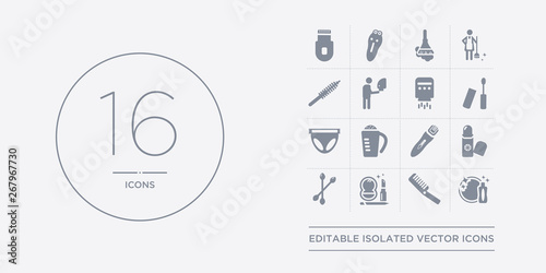 16 vector icons set such as clean dishes, comb, cosmetics, cotton swab, deodorant contains depilator, detergent dose, diaper, dolled up. clean dishes, comb, cosmetics from hygiene outline icons
