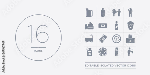 16 vector icons set such as ablution, air freshener, antibacterial, antiseptic, baby wipe contains bacteria, bandage, bathroom, beardy. ablution, air freshener, antibacterial from hygiene outline