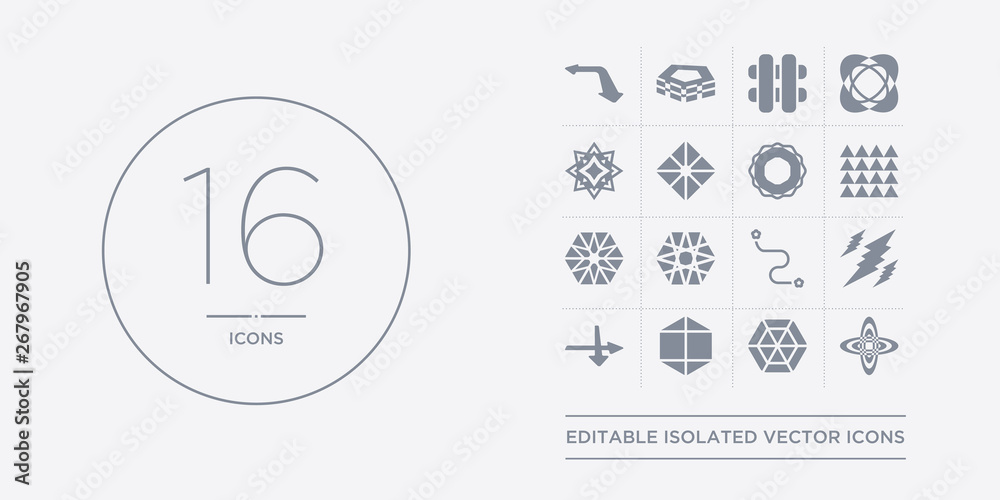 Naklejka premium 16 vector icons set such as hexagon, hexahedron, icosahedron, intersection, lightning bolt polygonal contains line segment, metatron cube, multiple triangles inside hexagon, multiple triangles