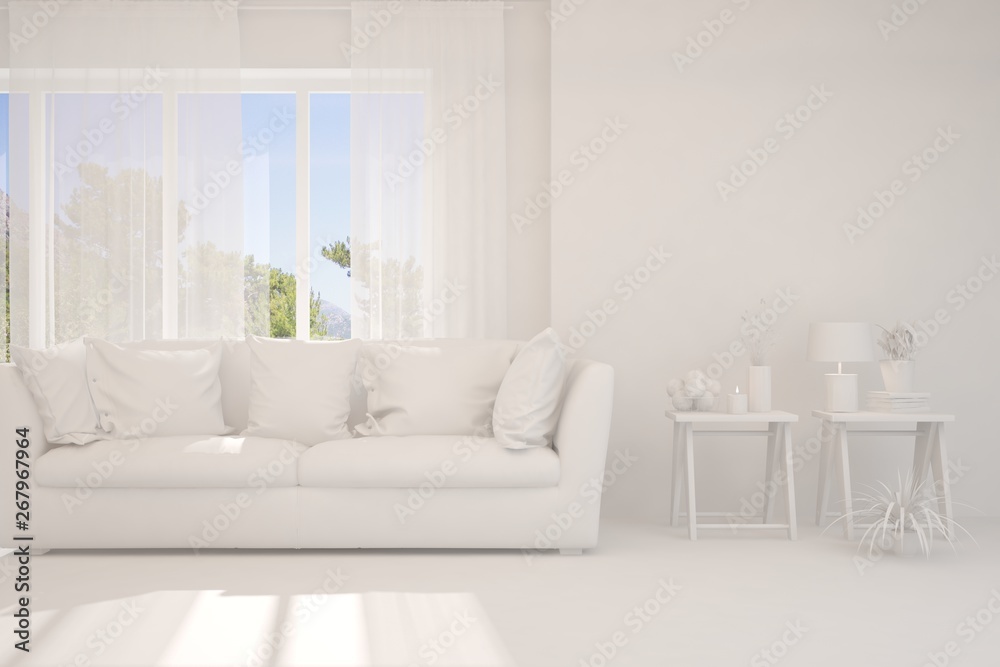 Mock up of stylish room in white color with sofa. Scandinavian interior design. 3D illustration Mock up of stylish room in white color with sofa. Scandinavian interior design. 3D illustration