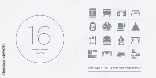 16 vector icons set such as wall shelves, rugs, table linens, cabinets, card table contains glassware, linens, silverware, lamps. wall shelves, rugs, table linens from furniture and household