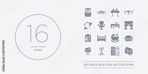 16 vector icons set such as chest of drawers, closet, coat stand, coffee table, couch contains cradle, crib, cupboard, curtains. chest of drawers, closet, coat stand from furniture and household