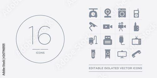 16 vector icons set such as telephone, television, trash compactor, trimmer, tv contains usb, usb wireless adapter, vacuum cleaner, vaporizer. telephone, television, trash compactor from electronic