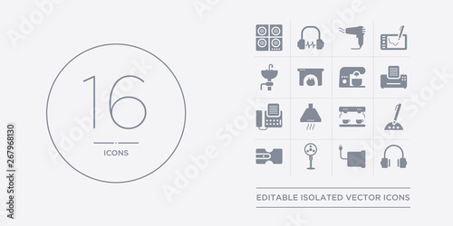 16 vector icons set such as earphones, electric blanket, electric fan, electric pencil sharpener, electronic contains espresso maker, exhaust hood, fax, fax machine. earphones, blanket, fan from