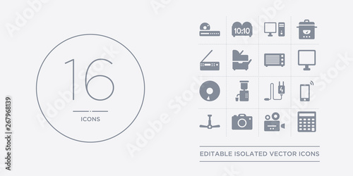 16 vector icons set such as calculator, camcorder, camera, ceiling fan, cell phone contains charger, cold-pressed juicer, compact disc, computer. calculator, camcorder, camera from electronic