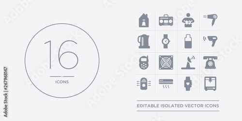 16 vector icons set such as 3d printer, activity tracker, air conditioner, air purifier, answering machine contains antenna, asic miner, baby monitor, barcode scanner. 3d printer, activity tracker,