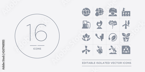 16 vector icons set such as eco paper, eco plant, eco plug, turbine, ecologism contains ecology, energy, environment, eolic energy. paper, plant, plug from ecology outline icons