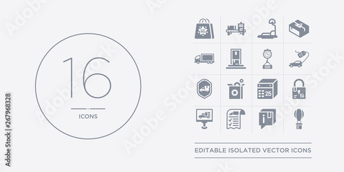 16 vector icons set such as delivery hot air balloon, delivery info, delivery list, monitor, safety contains schedule, settings, shield, tag. hot air balloon, info, list from and logistic outline