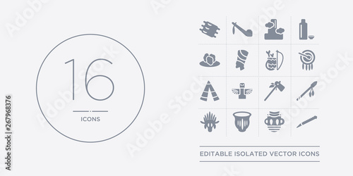 16 vector icons set such as native american flute, native american mask, native american pot, skull, spear contains tomahawk, totem, wigwam, drum. flute, mask, pot from indigenous outline icons