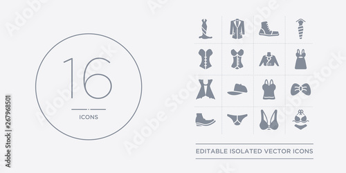 16 vector icons set such as bra & knicker, brassiere, briefs, brisk boots, butterfly tie contains camisole, cap, cardigan, chemise. bra & knicker, brassiere, briefs from clothes outline icons