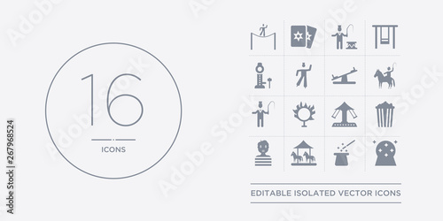 16 vector icons set such as magic ball, magic hat, merry go round, mime, pop corn contains ride, ring of fire, ringmaster, rodeo. magic ball, hat, merry go round from circus outline icons