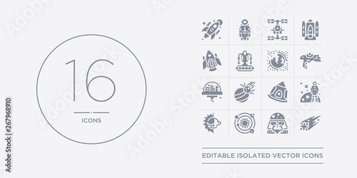 16 vector icons set such as shooting star, simulator, solar system, solstice, space contains space capsule, space collision, colony, gun. shooting star, simulator, solar system from astronomy