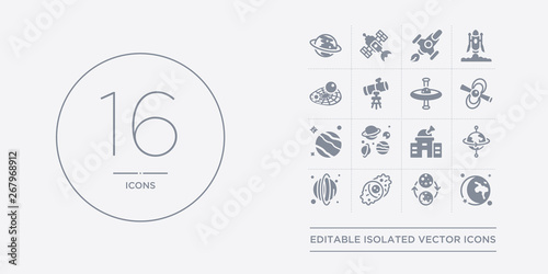 16 vector icons set such as moon, moon phases, nebula, neptune, orbit contains planetarium, planets, pluto, pulsar. moon, phases, nebula from astronomy outline icons