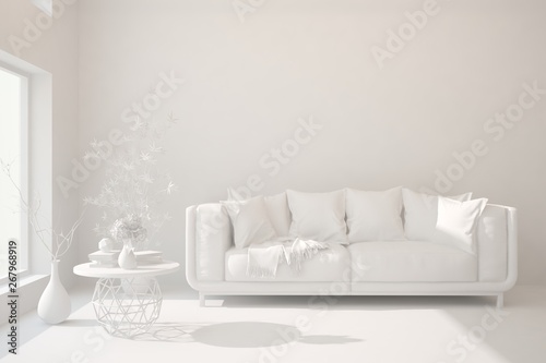 Mock up of stylish room in white color with sofa. Scandinavian interior design. 3D illustration