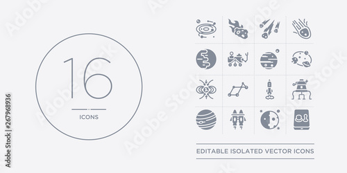 16 vector icons set such as generator, half moon, jet pack, jupiter, lander contains liftoff, lyra constellation, magnetic field, magnitude. generator, half moon, jet pack from astronomy outline