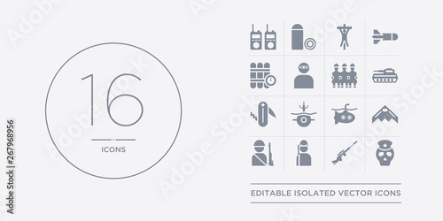 16 vector icons set such as skull army, sniper rifle, soldier, soldiers and a weapon, stealth contains submarine, submarine front view, swiss army knife, tank. skull army, sniper rifle, soldier from