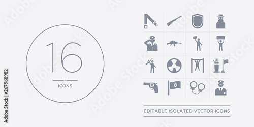 16 vector icons set such as officer, pair of handcuffs, patriot, pistol, pledge contains pull up, radiation, rebellion, revolt. officer, pair of handcuffs, patriot from army outline icons