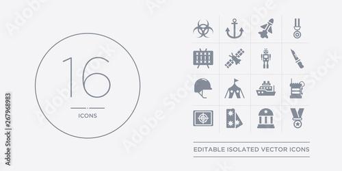 16 vector icons set such as medal, militar antique building, militar in, militar radar, radio contains ship, tent, military helmet, military knife. medal, antique building, in from army outline
