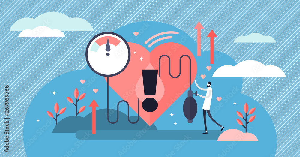 Fototapeta premium High blood pressure vector illustration. Tiny heart disease persons concept