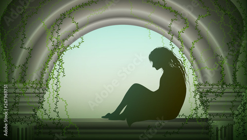 woman sits on the window and wait somebody, girl sits on the old fashioned attic with column and green ivy and think about something, sad girl waits somebody, girl from fairytale, scene,