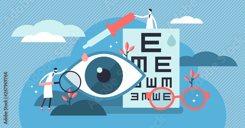Ophthalmology vector illustration. Flat tiny eyes health persons concept.