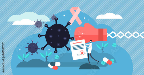 Oncology vector illustration. Tiny cancer disease research persons concept.