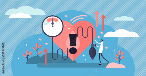 High blood pressure vector illustration. Tiny heart disease persons concept