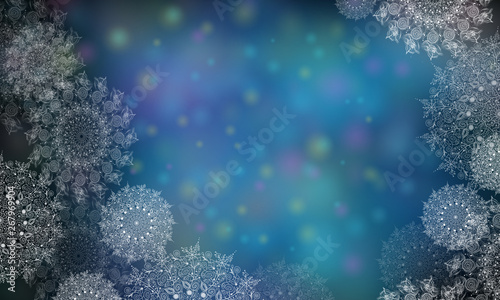 Blue Background with snowflakes for Christmas and New year. Digital Illustrations of transparent snowflakes