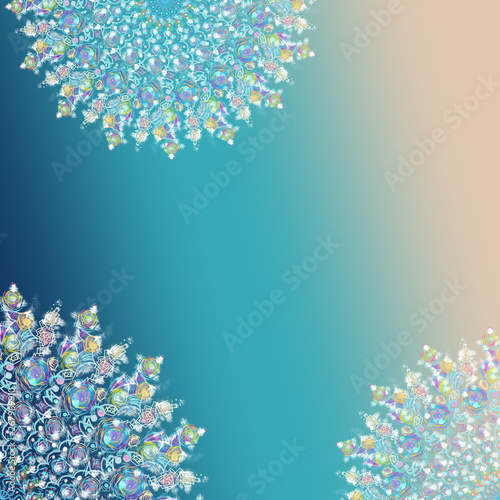 Blurred Background with white snowflakes for Christmas and New year. Digital Illustrations of colorful snowflakes
