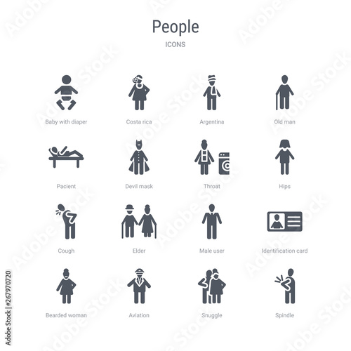 set of 16 vector icons such as spindle, snuggle, aviation, bearded woman, identification card with picture, male user, elder, cough from people concept. can be used for web, logo, ui\u002fux
