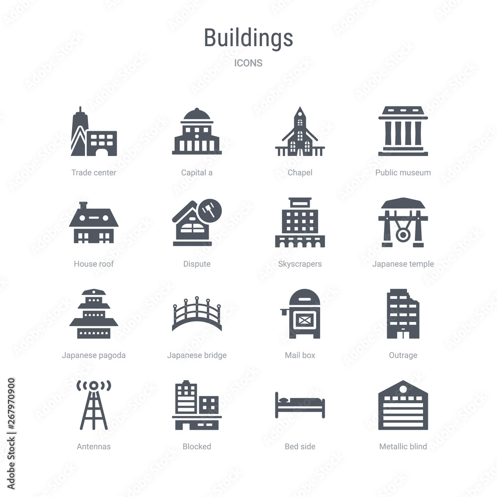 set of 16 vector icons such as metallic blind, bed side, blocked, antennas, outrage, mail box, japanese bridge, japanese pagoda from buildings concept. can be used for web, logo, ui\u002fux