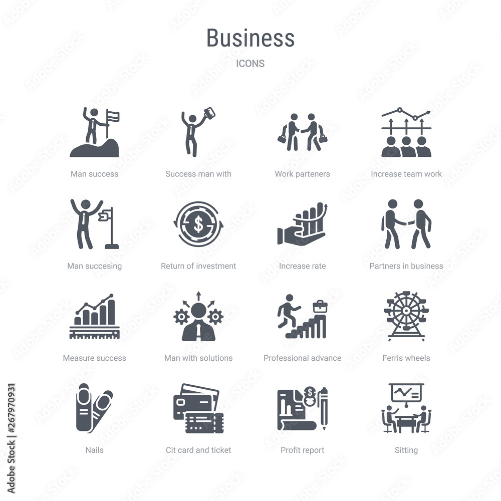 set of 16 vector icons such as sitting, profit report, cit card and ticket, nails, ferris wheels, professional advance, man with solutions, measure success from business concept. can be used for