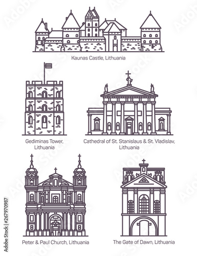 Isolated Lithuania famous landmarks in thin line