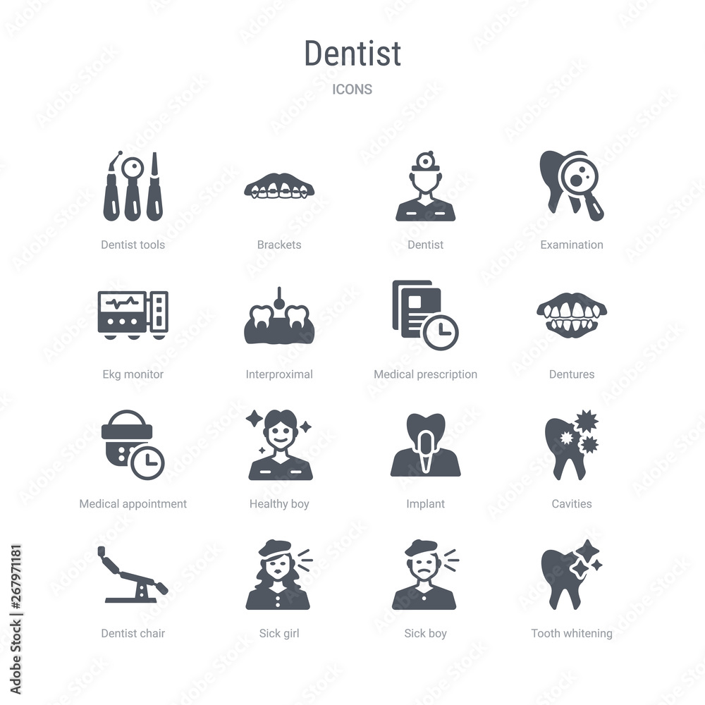 set of 16 vector icons such as tooth whitening, sick boy, sick girl, dentist chair, cavities, implant, healthy boy, medical appointment from dentist concept. can be used for web, logo, ui\u002fux set of 16 vector icons such as tooth whitening, sick boy, sick girl, dentist chair, cavities, implant, healthy boy, medical appointment from dentist concept. can be used for web, logo, ui\u002fux