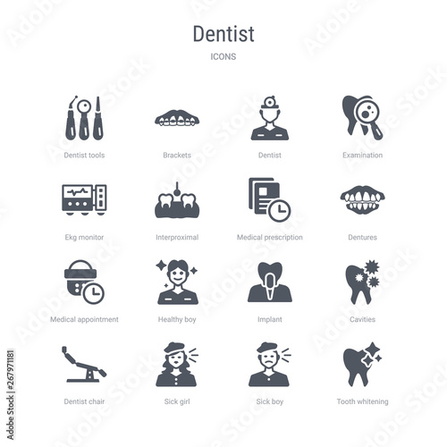 set of 16 vector icons such as tooth whitening, sick boy, sick girl, dentist chair, cavities, implant, healthy boy, medical appointment from dentist concept. can be used for web, logo, ui\u002fux
