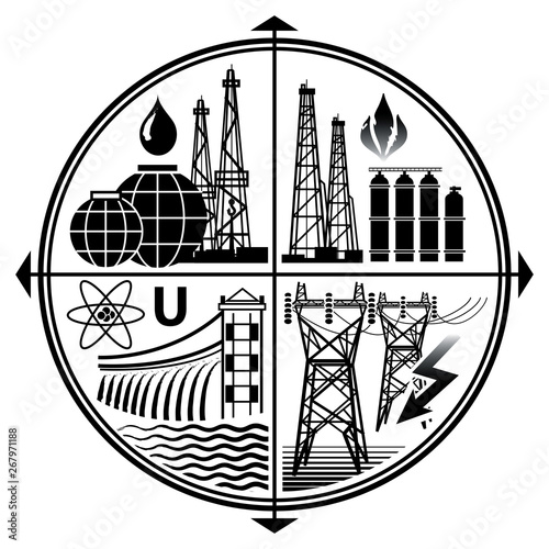 Energy Resources: Oil, Gas, Electricity, Nuclear And Hydro Power. Industry Emblem of Energy Extraction & Fuel Fossil Technologies.